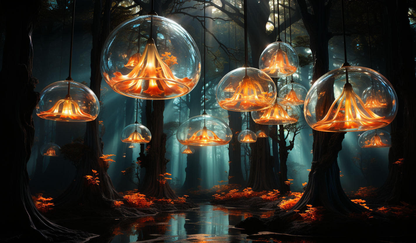 a-group-of-lights-that-are-in-a-forest